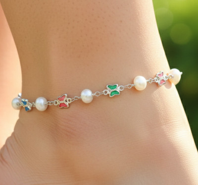 Elegant Pearl & Butterfly Charm Anklet | Silver Plated Brass Chain Anklet