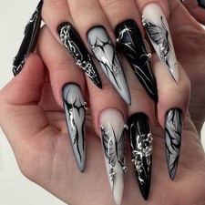 24pcs Black White Abstract Gothic cool Press On Nails, 3D Long Stiletto Shape