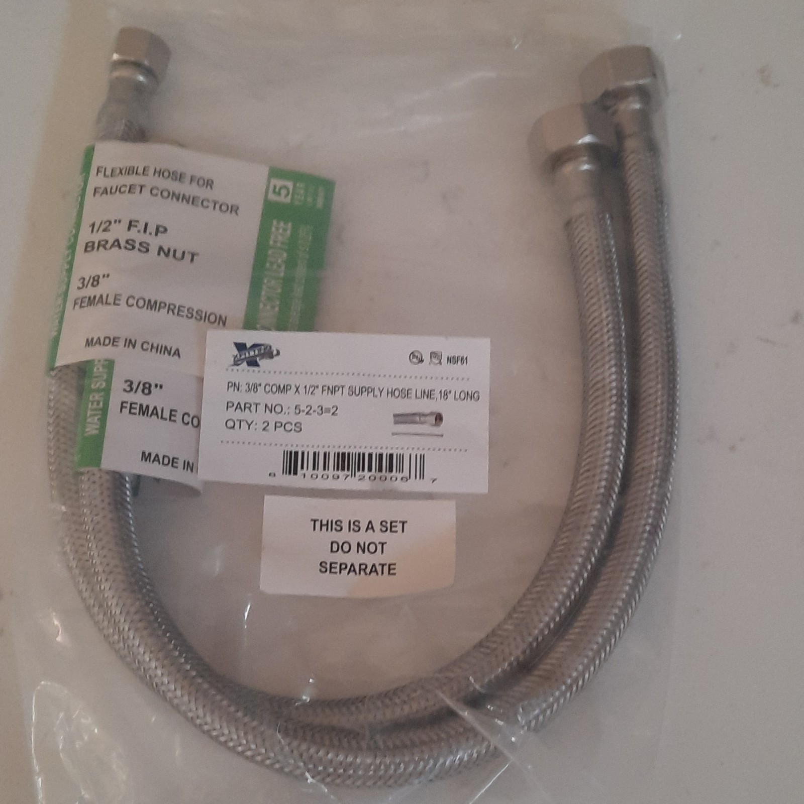 Plumbing Lot 2 pcs 1/2"FIP X 3/8"OD Comp X 18" SS Faucet Supply Connector/Lines