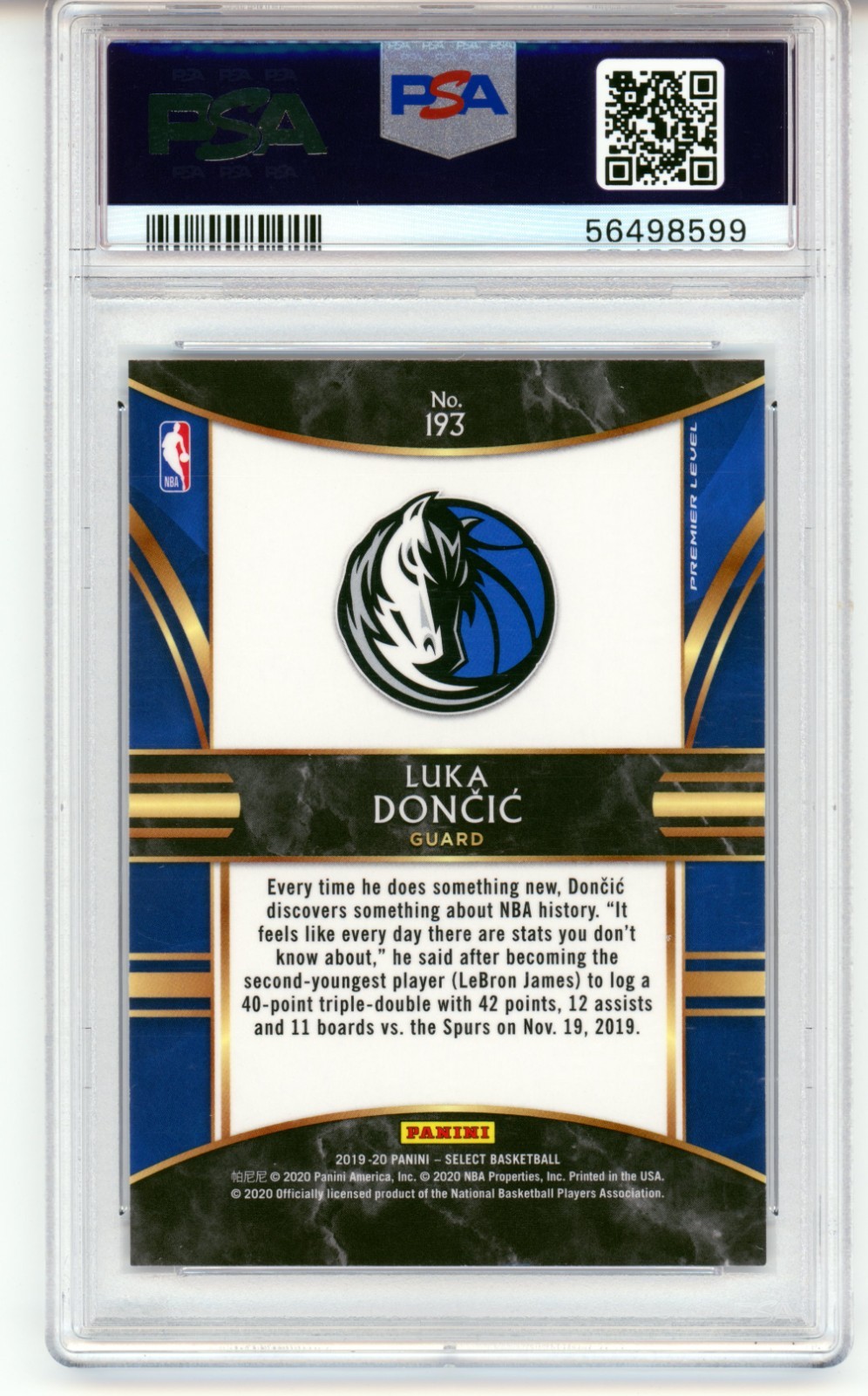 2019 Panini Select Premier Level Luka Doncic PSA 10 Mavericks Lakers YEAR 2 view 2