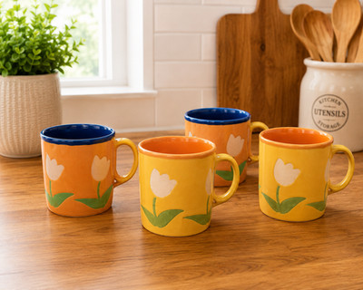 Just Tassen 4er Set Tulpe Blumen Kaffee Tee Tassen gelb orange blau England 3,5''