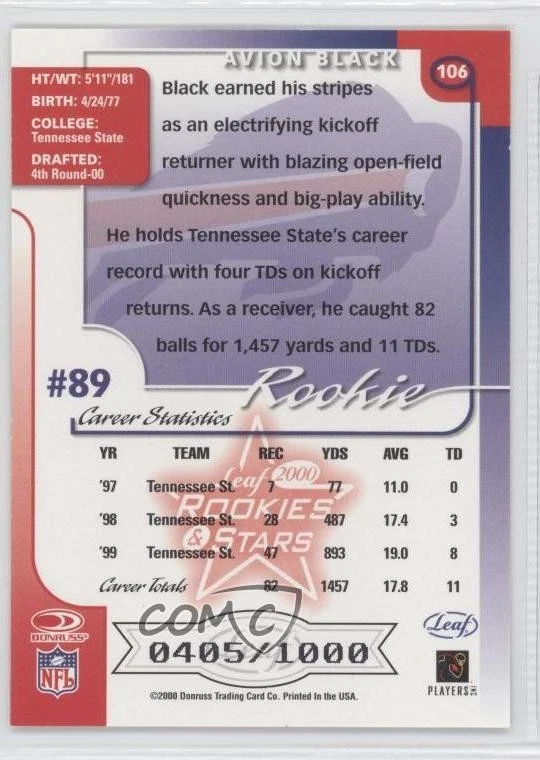 2000 Leaf Rookies & Stars Rookie /1000 Avion Black #106 RC - Image 2 of 2