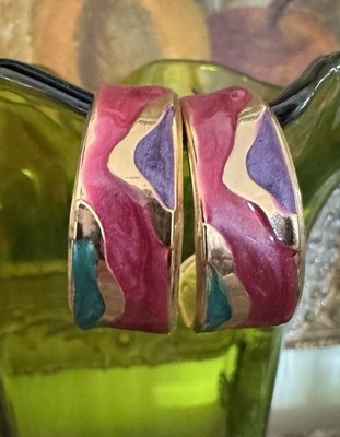 Vintage 80s Hoops Colored Enamel Earrings Chunky Gold Tone Wide