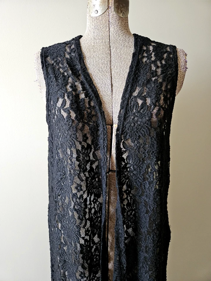 LuLaroe Black Lace Joy Open Front Duster Vest Cardigan Boho Medium - Image 2 of 4