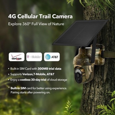 4G LTE Cellular Trail Camera 2K 360° Live Stream Game Cam IP65 Solar Powered (NE