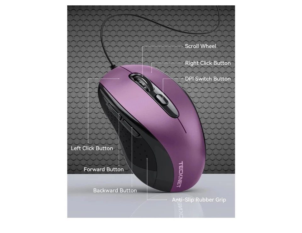 TECKNET Wired Mouse, Wired Optical USB Computer Mouse With 3600 DPI, 6 Buttons - Image 2 of 4