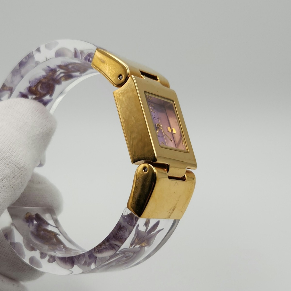 Vtg Joan Rivers Gold-Tone Watch Translucent Lucite Floral Cuff Pink Dial Joan Rivers Ladies Gold Tone w/ Lucite Cuff Bracelet w  main image 3