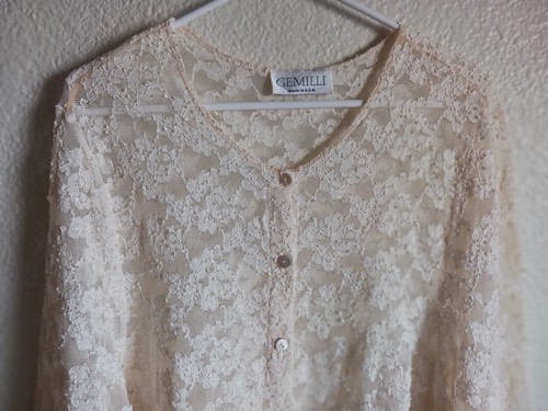 Vintage GEMILLI Cream/Beige Lace Button Down Top Blouse Size 2XL - Picture 4 of 6