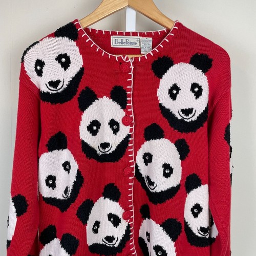 VTG 90s Belle Pointe Cardigan Sweater Womens Medium Panda Face Allover Pattern - Picture 2 of 8