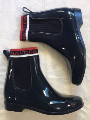 Nautica Rain Boots Booties Rubber Short Navy Blue Ankle Almond Toe  Waterproof