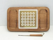 Hollywood Regency Gold Square Center Rectangular Wood Cheese Board w/Knife