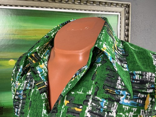 Camisa de manga larga de poliéster con patrón verde hilado liso discoteca de los años 70 - mediana - Imagen 4 de 10