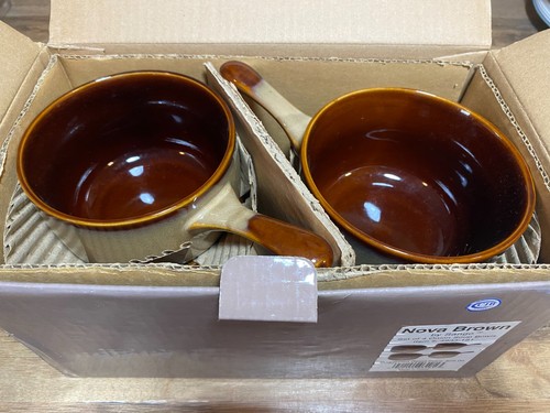 SET OF 4 - SANGO - NOVA BROWN - CHILLI ONION NOODLE SOUP HANDLED BOWLS #4933 - Picture 2 of 5