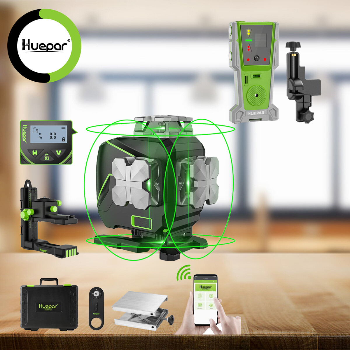 Nivel láser autonivelante 16 líneas 4D con pantalla LCD + receptor LR-8RG Huepar