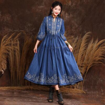 Women's Denim Shirt Dress Embroidered Casual Dresses Maxi Dress Blue | eBay  UK