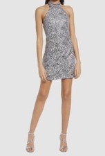$248 Sho Women's Gray Sequined Halter Laced Cutaway Shoulders Mini Dress Sz 4