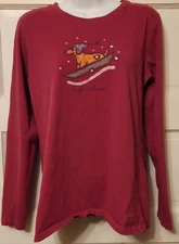 Life Is Good Dog On Sled Graphic Tee Shirt Pink Long Sleeve Casual Top Size M