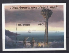 St. Vincent $8 400th Anniversary Spanish Armada Miniature Sheet, Fresh MUH