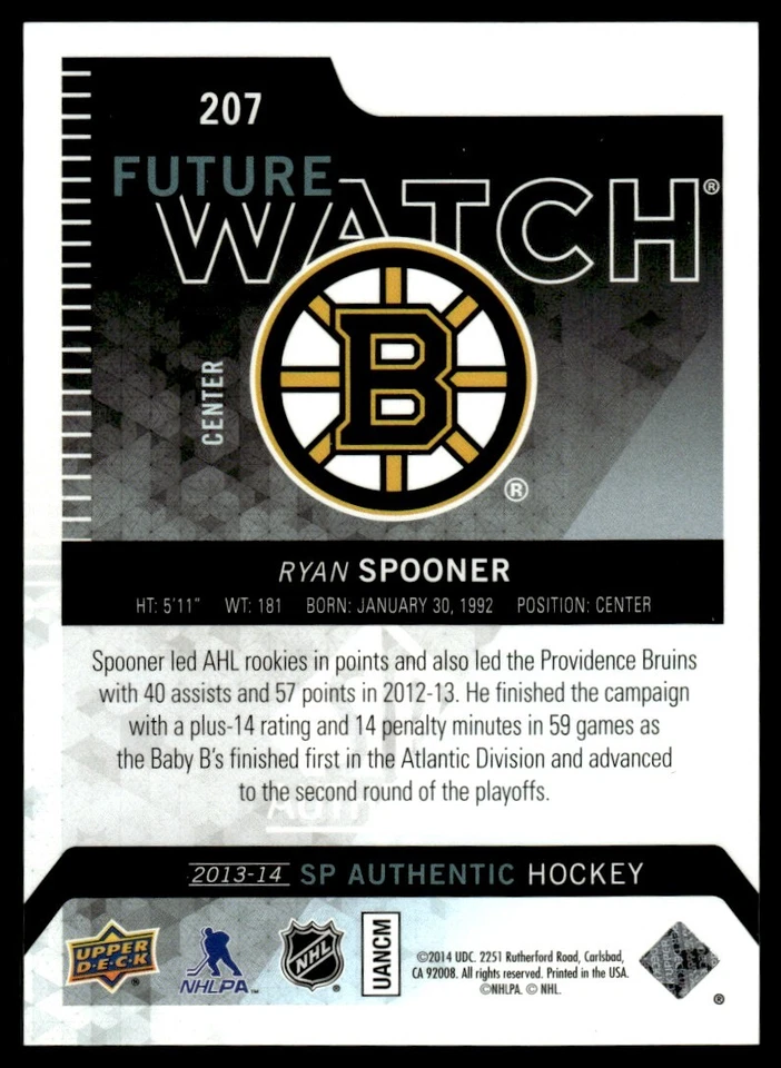 2013-14 SP Authentic Ryan Spooner Rookie 0187/1299 Boston Bruins #207 - Image 2 of 2
