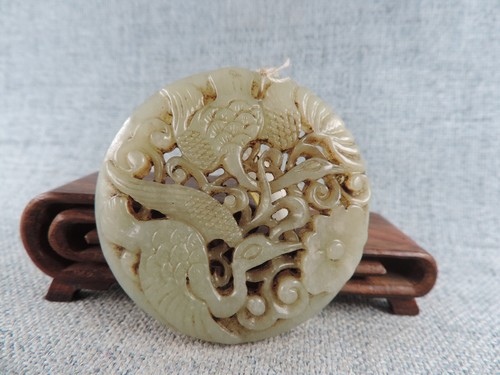 Chinesischer antiker Hetian Jade manueller Skulptur ausgehöhlter Kranich Anhänger SC - Bild 2 von 9