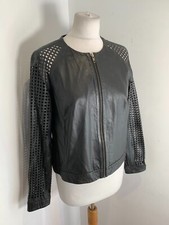MUUBAA black leather biker jacket UK 12 VGC cut out lightweight collarless