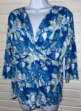 Fresh Produce Sz LARGE Twist Front Bright Blue Floral Top USA Made Stretch EUC