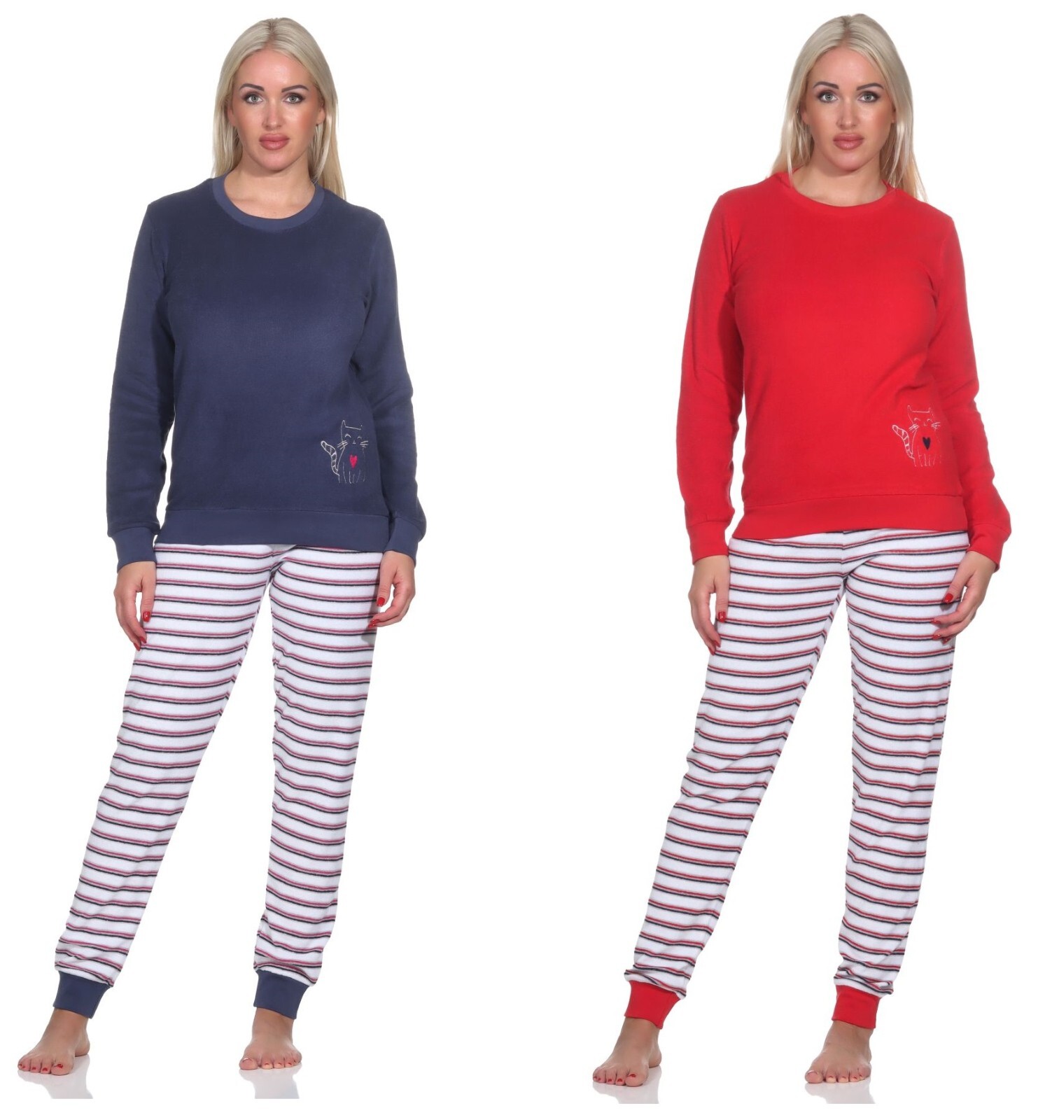 Neu Frauen/Damen Frottee Schlafanzug/PYJAMA Rot/Blau Baumwolle Bündchen 3805