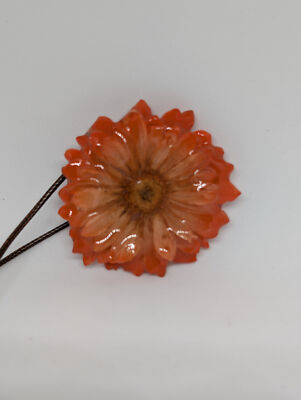 Daisy Orange, Real Flower in Resin with Brown Faux Leather Necklace