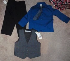NEW Perry Ellis 4 Piece Dress Shirt Pants Tie Vest Set Boys 2T Toddler Blue/Grey