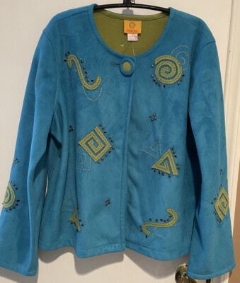 Womens Aqua Blue Studded Faux Suede  Boho Aztec Ruby Rd Blazer/ M