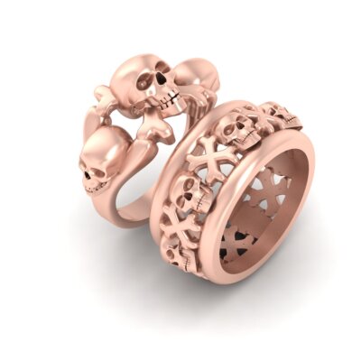 Pirates Crossbones and Skull Wedding Ring Set His and Hers Gothic Couple Rings