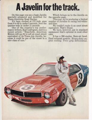 1969 AMC American Motors Javelin 2 pg Print-Ad/Trans-Am Racing Car