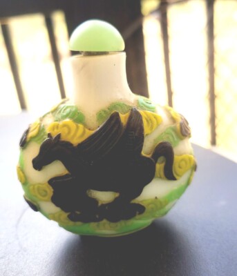 Vintage Carved Peking Cameo Glass Bottle 3 Color Green Yellow Black 3 x 3