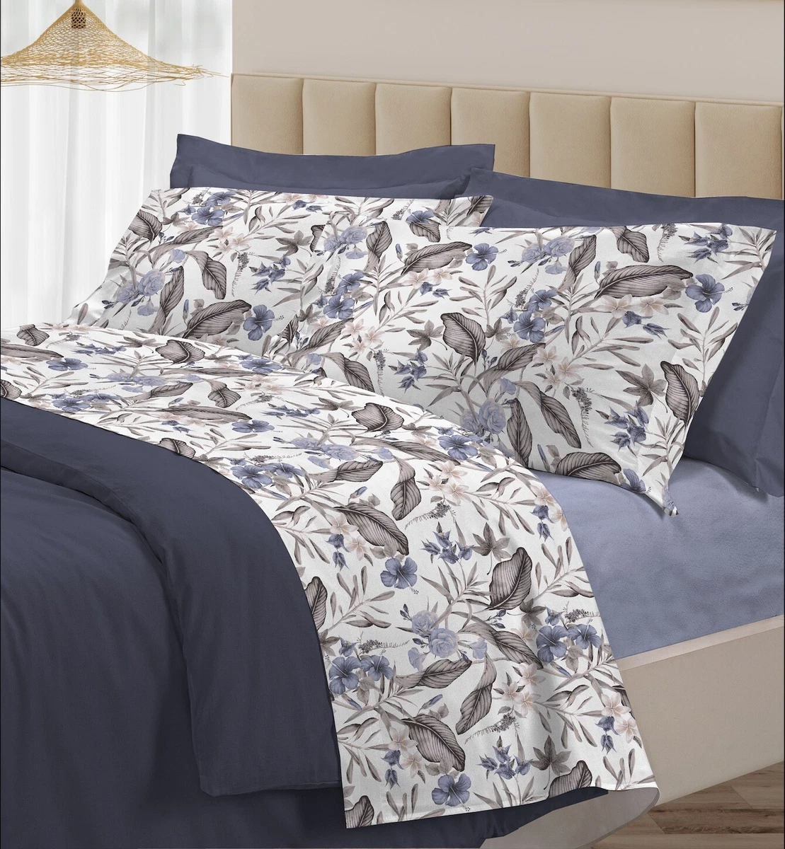 OAITE Set Copripiumino In 100% Cotone King Size - Morbido Con Motivo Floreale Grigio E Blu - 3 Pezzi (Copripiumino 228x228cm + 2 Federe)