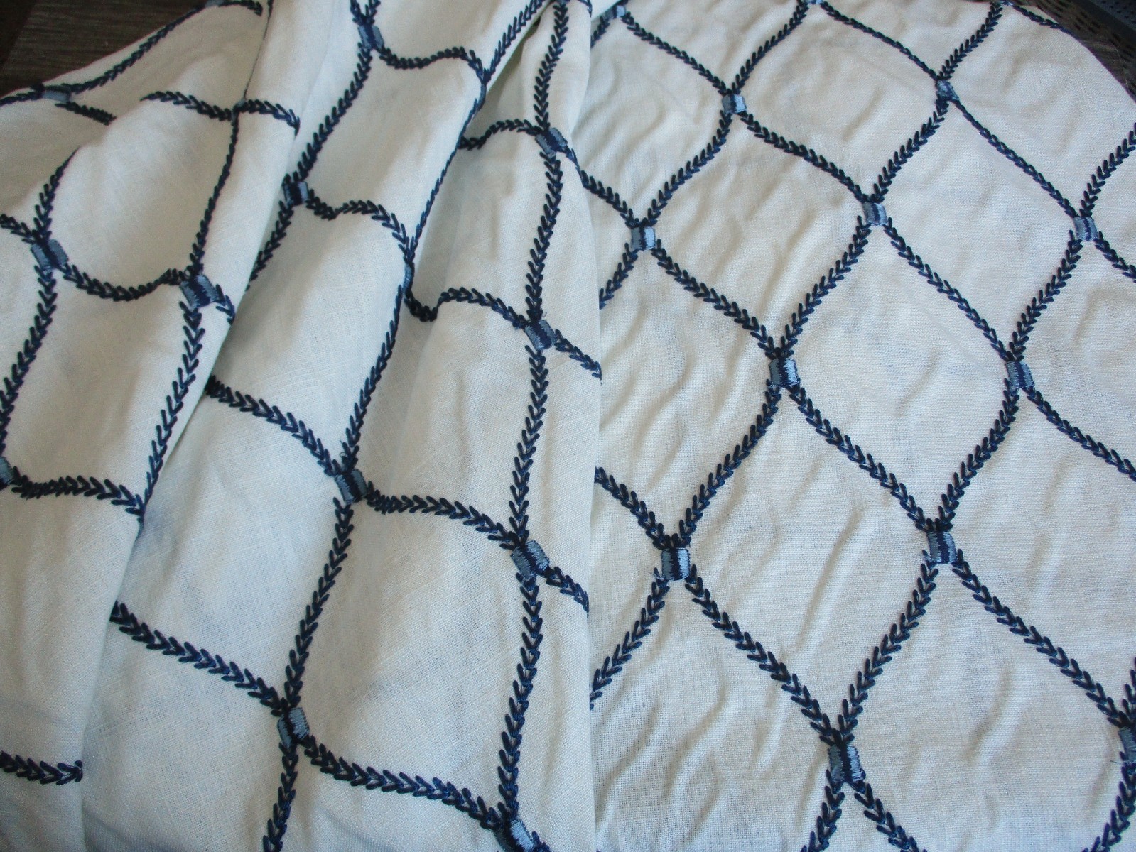 Waverly Deane Embroidery Fabric Linen 2 YD's + Trellis Leaf Blue on Off White