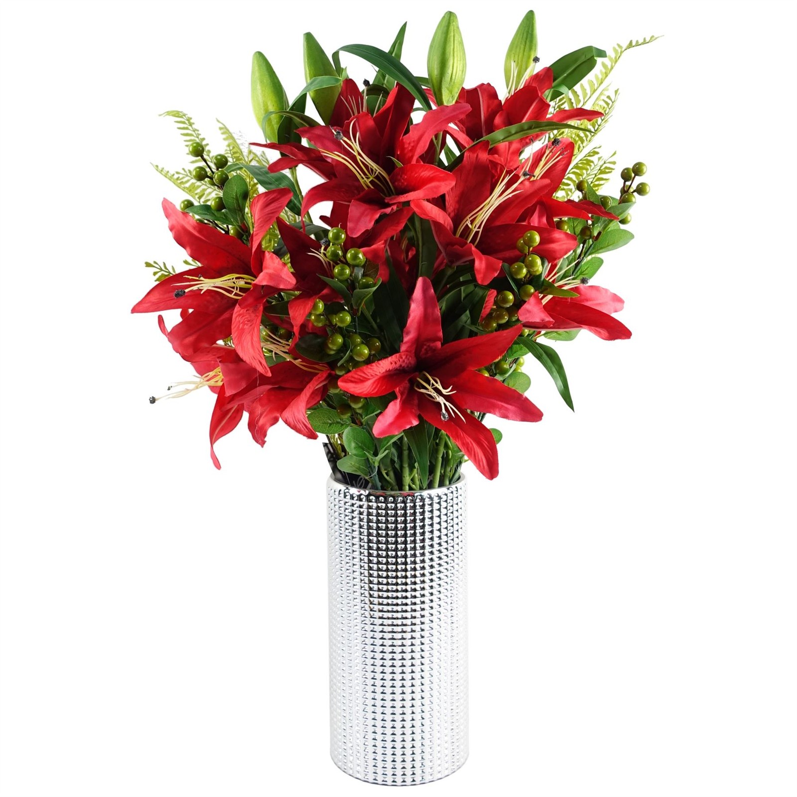 Leaf Red Lily Artificial Flower - 70cm - Silver Vase - Image 2
