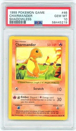 PSA 10 Shadowless Charmander 46/102 Base Set Pokemon 1999