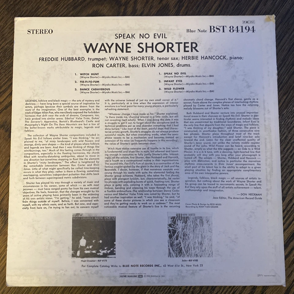 Wayne Shorter Speak No Evil Vinyl LP Orig Blue Note Record BSTF84194 France VG+ - Image 2 of 4