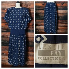 Leslie Fay 2 Piece Skirt Suit Size 12 Retro Pleated Midi Navy Aztec Vintage 80s
