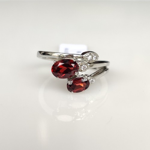 Natural Red Garnet Sterling Silver Ring Wrap Bypass Ring Oval Double Gemstone - Picture 3 of 8
