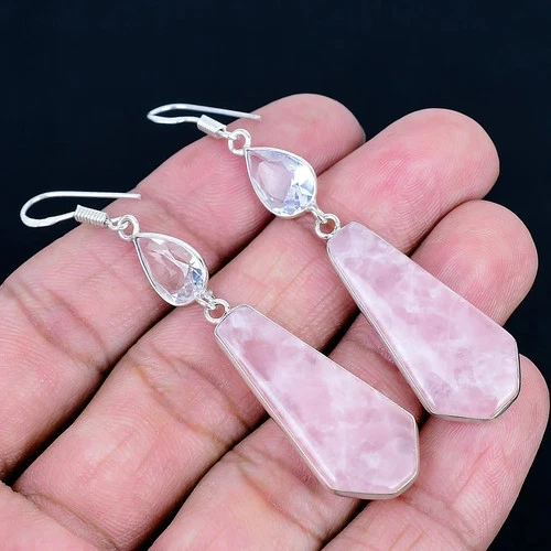 Rose Quartz 925 Silver Plated Handmade Earrings of 2.76"