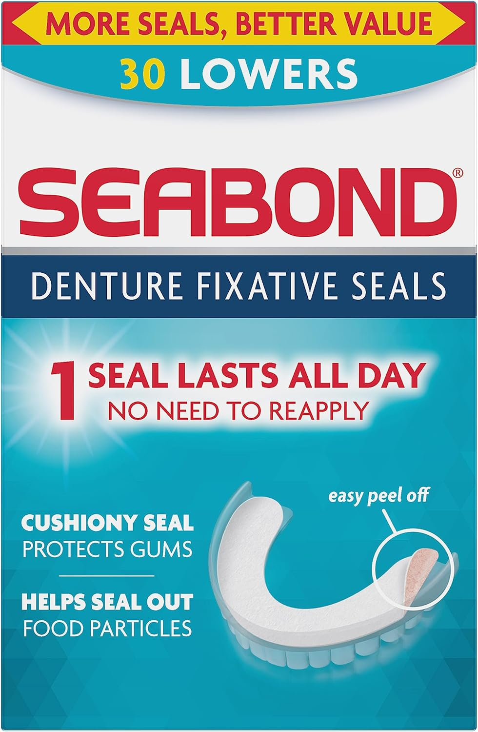 Seabond Denture Fixative Seals 30 Lowers – Soft Adhesive Cushion, All Day Hold