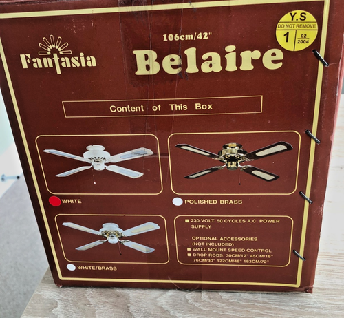 Fantasia Eurofan Belaire 42in Ceiling Fan White or Cane Blades 110095 NOS 2004 - Picture 2 of 7