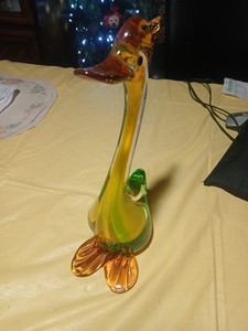 Murano Art Glass Bird Sculpture Figurine  Yellow Green Sommerso Vtg MCM Decor