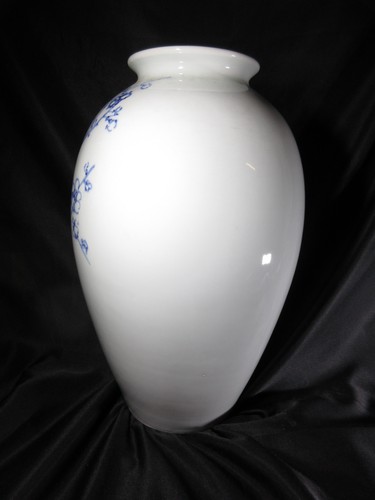 Schöne unbeschriftete weiße & blaue Kirschblüten Vogel große asiatische Vase in Holzbox - Bild 5 von 9