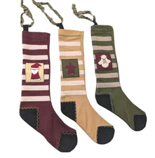 Country Primitive Wool Appliqué Christmas Stockings Hand Stitched Set of 3 @18" 