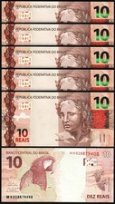 Brazil 10 Reais ND 2010 (2025), UNC, 5 Pcs LOT, Prefix MN, P-New Date, New Sign