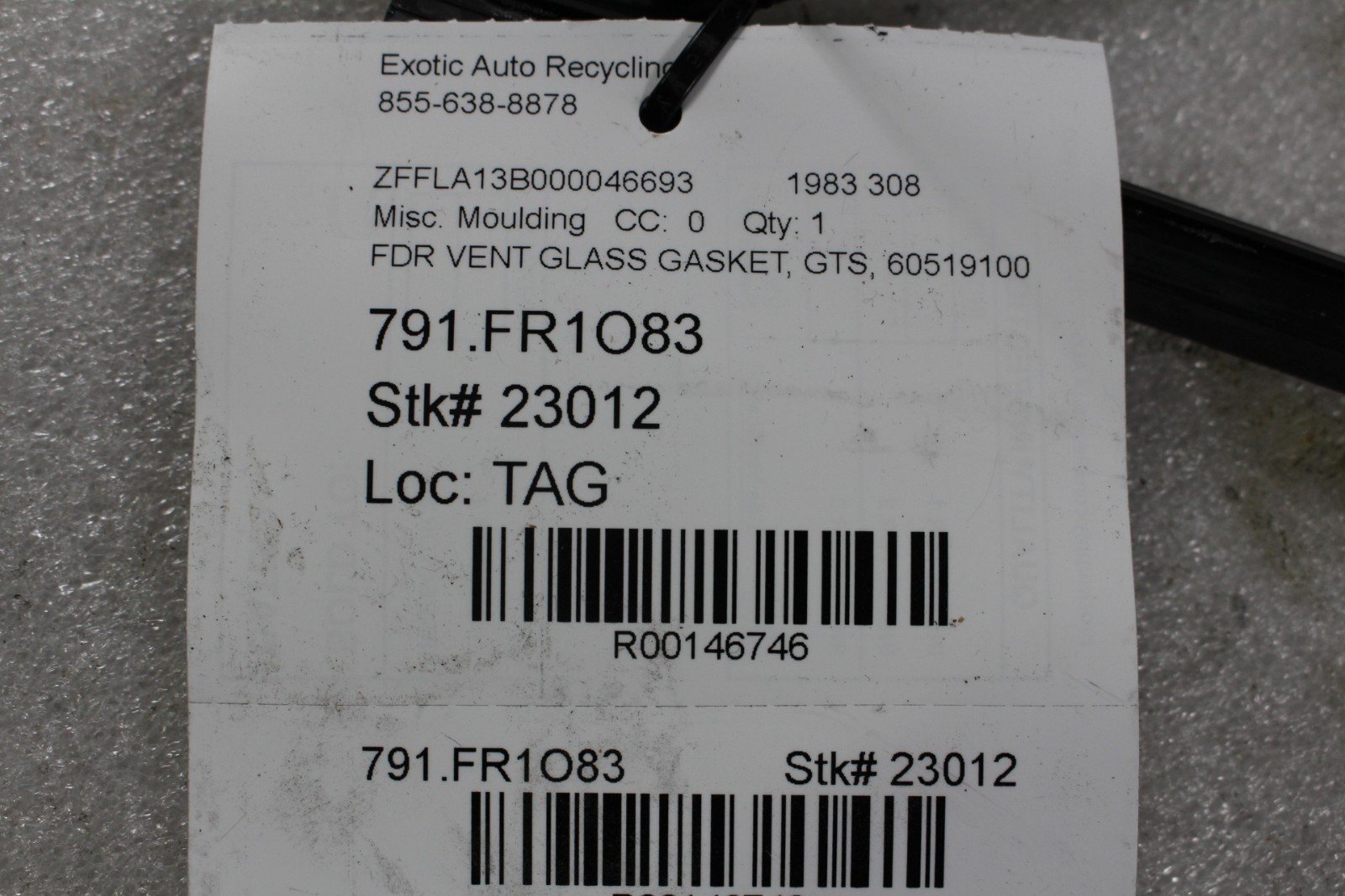 Ferrari 308, Front Door Vent Glass Gasket, Used, P/N 60519100
