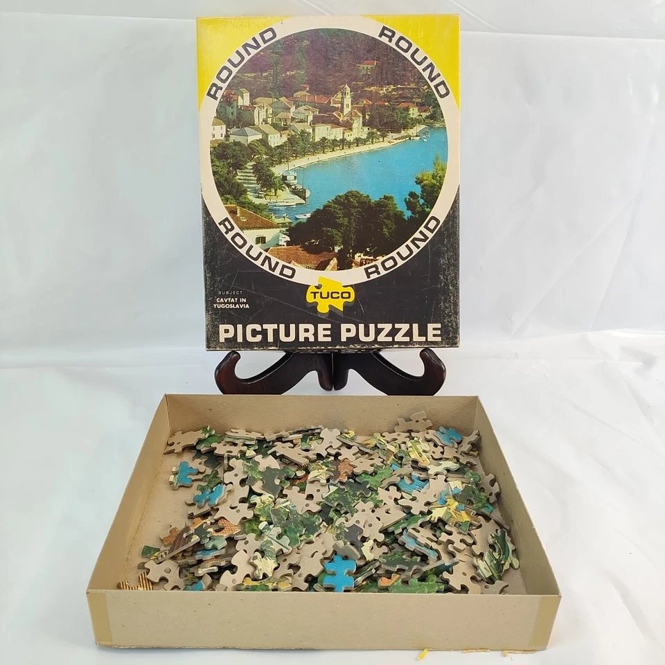 Quebra-cabeça vintage redondo Tuco - Cavat na Iugoslávia 15” diâmetro madeira Upson - Imagem 2 de 4