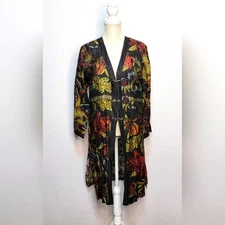 CITRŌN linen blend Floral Black Kimono Robe black moody floral size L
